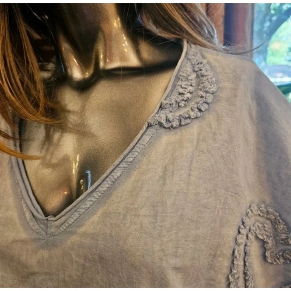 Made in Italy 100% Cotton Heart‎ Appliqué Lagenlook Oversized Boho Top Size O/S